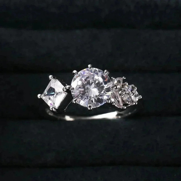 ▶CZ Square Leaf 925 Silver Plated Wedding/Engagement Ring for Women, K940 - Picture 1 of 10